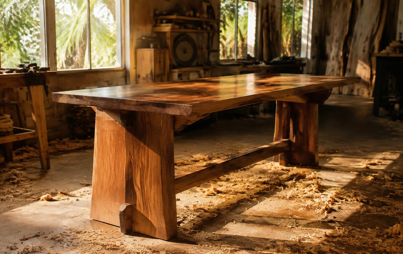 Handcrafted walnut table in workshop
