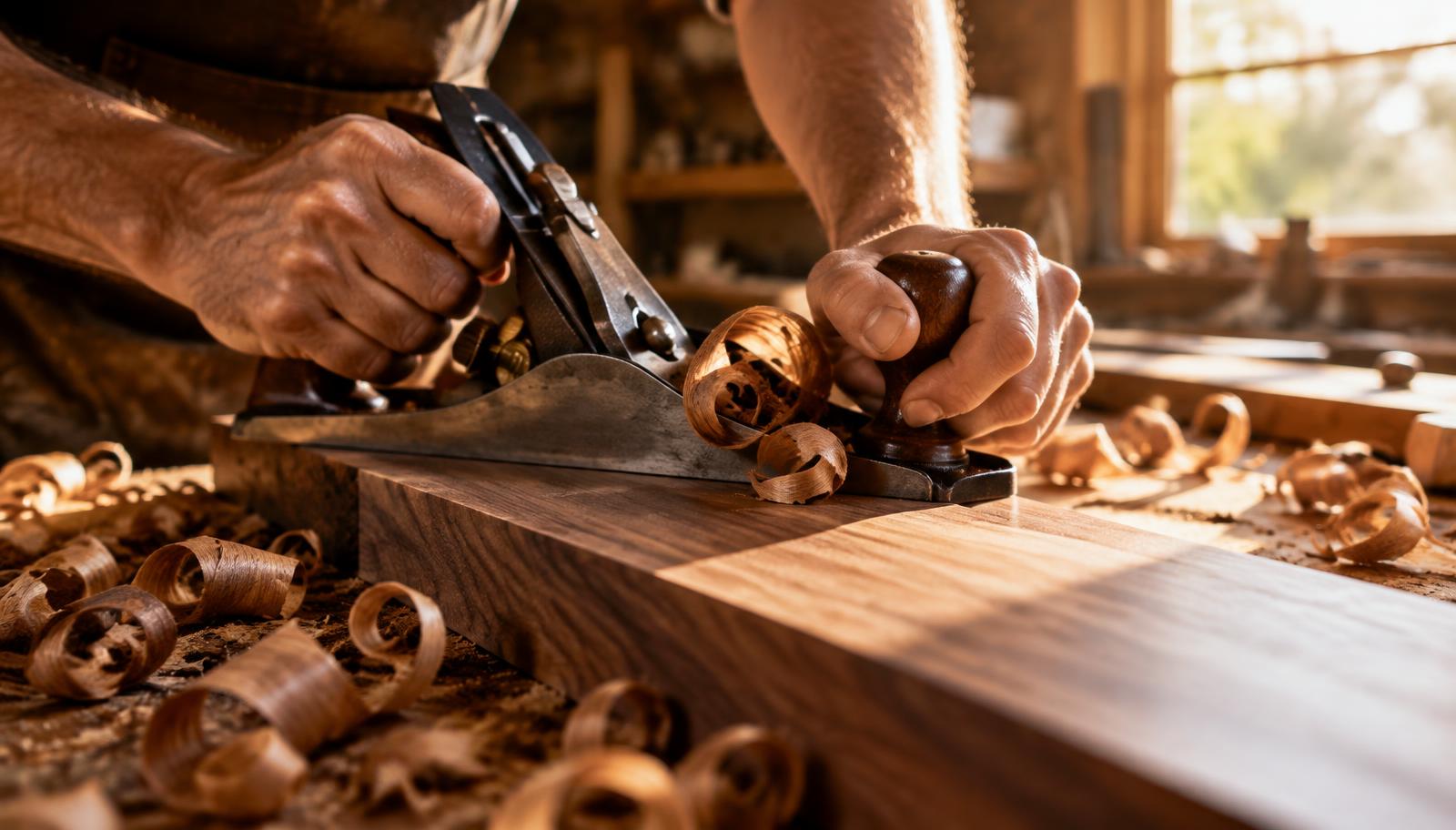 Hands planing a walnut board in the workshop